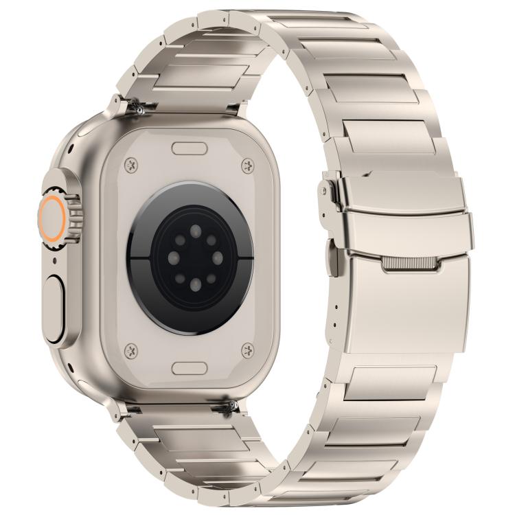 Titanium-tone metal link band fitted to an Apple Watch, shown from the rear