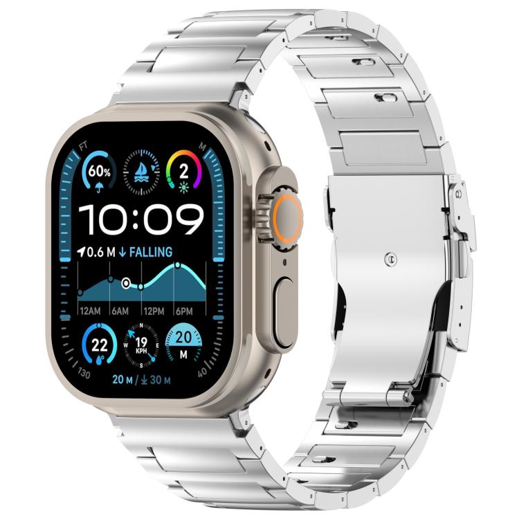 Titanium-tone metal link Apple Watch band with folding clasp, shown on a smartwatch