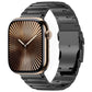 Black metal link Apple Watch band with quick-release clasp, shown on a smartwatch