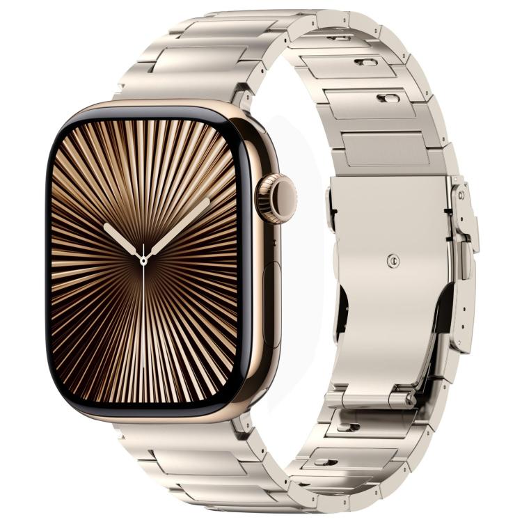 Titanium-tone metal link Apple Watch band with quick-release clasp, shown on a smartwatch