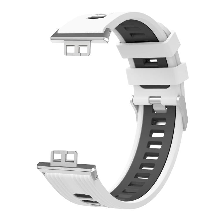 White and black silicone watch band with silver buckle and exposed watch connectors