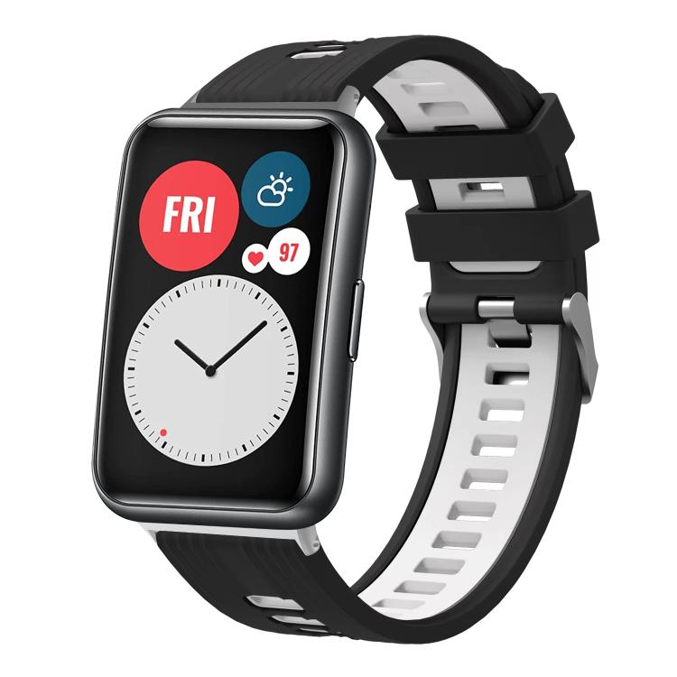 xDfind dual-color silicone watch band in black and gray with silver buckle, shown on a watch