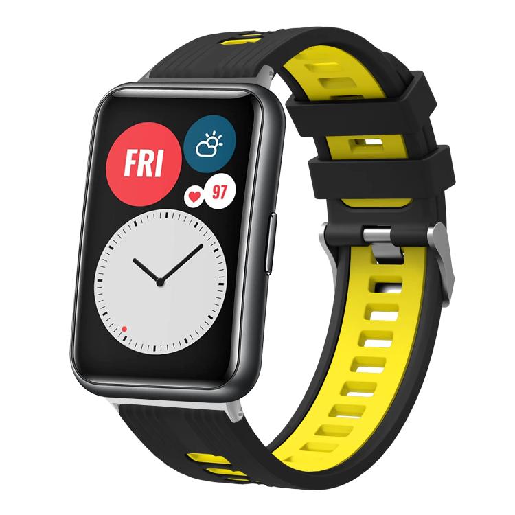 Black and yellow silicone watch band with silver buckle, shown on a smartwatch