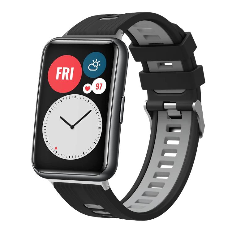 Black and gray silicone watch band with silver buckle, shown on a smartwatch