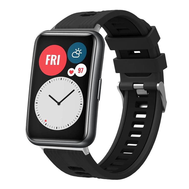 Black silicone watch band with silver buckle, shown on a smartwatch