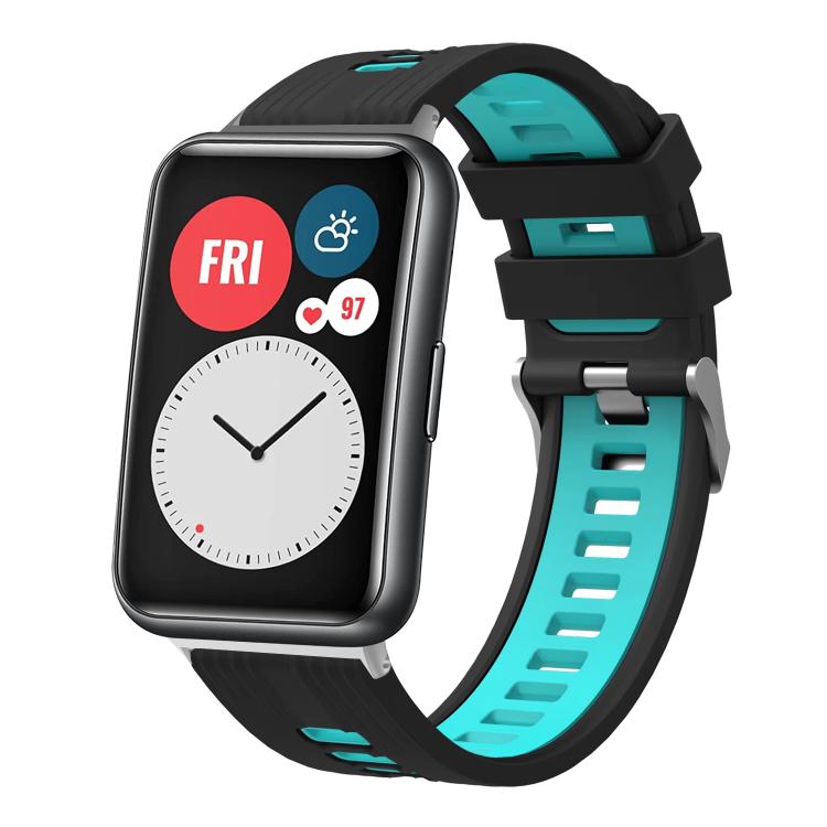 Black and cyan silicone watch band with silver buckle, shown on a smartwatch