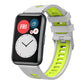 White and lime green silicone watch band with silver buckle on a smartwatch