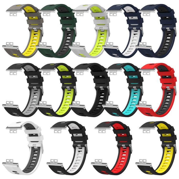Assorted two-tone silicone watch bands with silver buckles, shown without watches