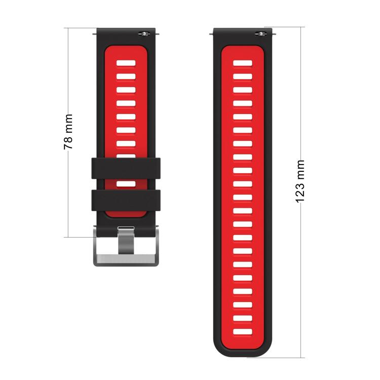 Red and black silicone watch band shown in two lengths with adjustment holes
