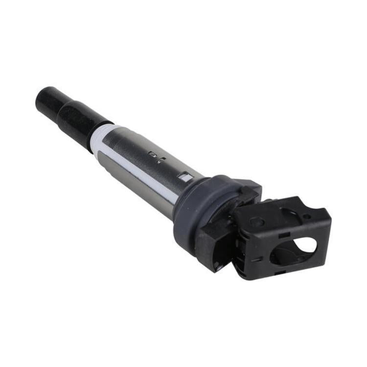 Ignition coil with black mounting bracket and gray body, side view