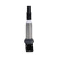 Ignition coil with vertical black plug connector and silver housing