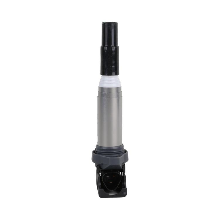 Ignition coil with vertical black plug connector and silver housing