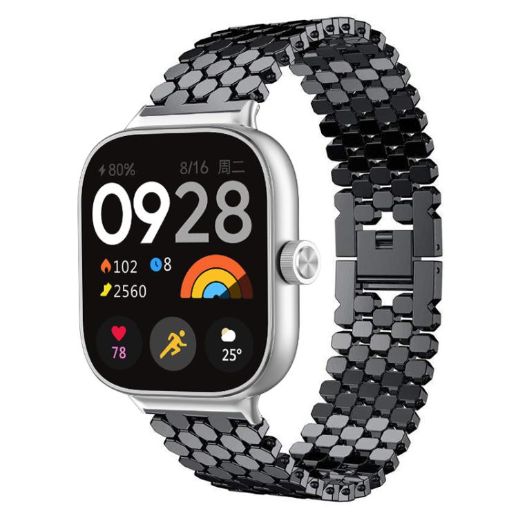 Black fish-scale metal watch band shown on a square smartwatch