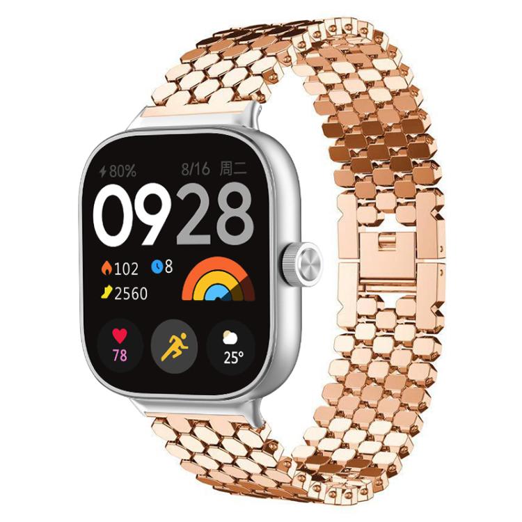 Rose gold fish-scale metal watch band shown on a square smartwatch