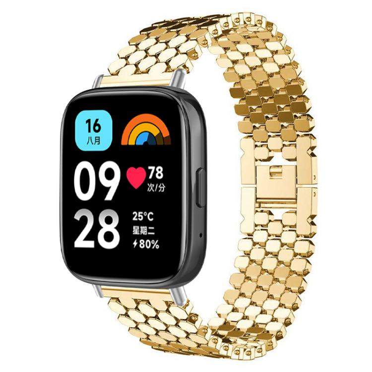 Gold fish-scale metal watch band shown on a rectangular smartwatch