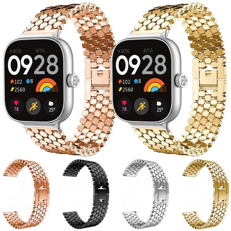Fish-scale metal watch bands in rose gold, gold, black, and silver, shown on watches and alone