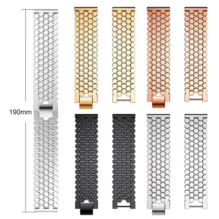 Fish-scale metal watch bands in several colors and connector styles, with 190 mm length marked