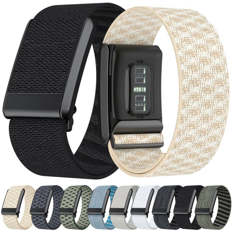 Black and cream nylon WHOOP 4.0 watch bands with sensor shown