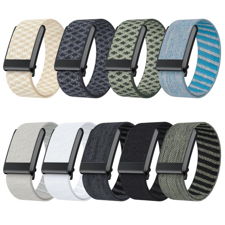 Nine patterned nylon WHOOP 4.0 watch bands in assorted colors
