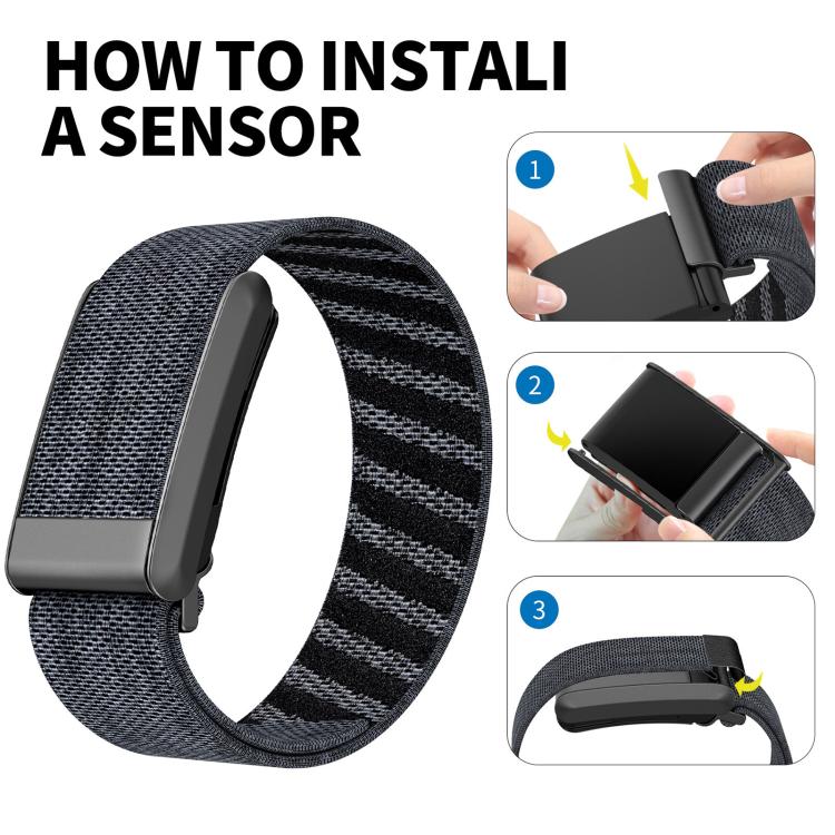 Dark patterned nylon WHOOP 4.0 watch band with sensor installation steps