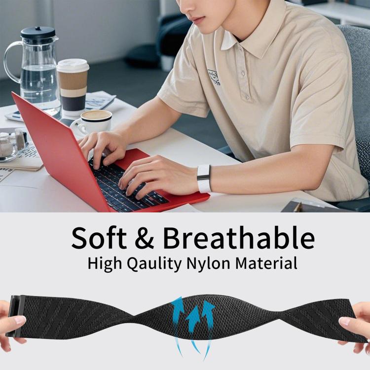 Black patterned nylon watch band stretched to show its flexible, breathable weave