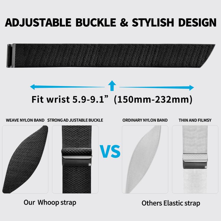 Black nylon watch band with adjustable buckle and tapered end
