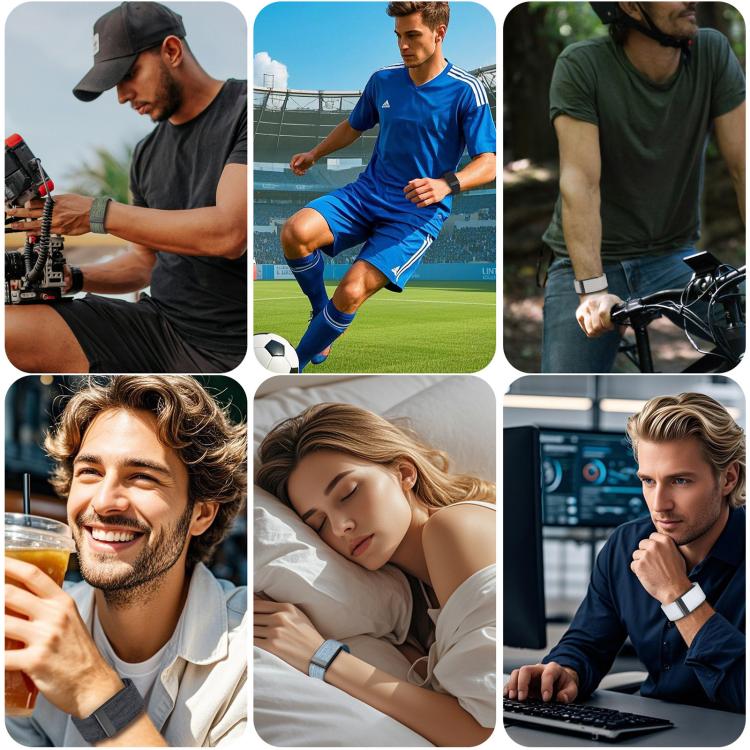 Elastic nylon watch band shown worn during sports, cycling, sleep, and daily activities
