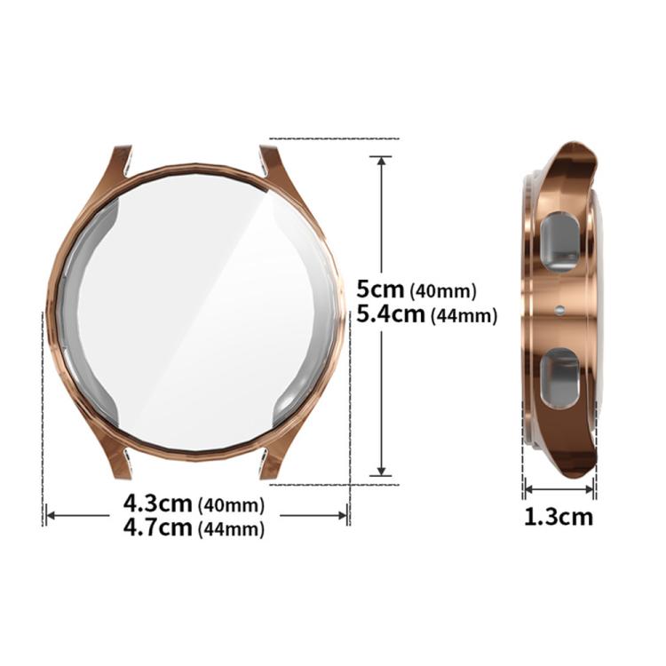 Rose gold Galaxy Watch cover shown front and side, with dimensions for 40 and 44 mm models