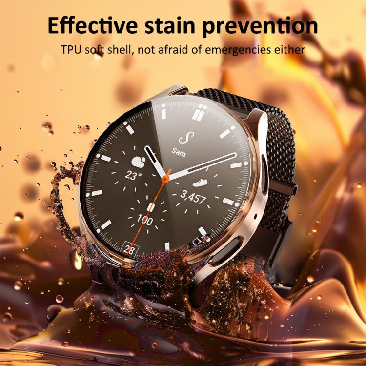Rose gold TPU cover fitted on a Galaxy Watch, with a clear screen protector