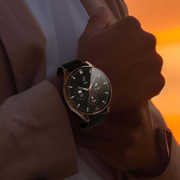 Samsung Galaxy Watch7 with a dark watch cover and woven band on a wrist