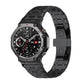 Black titanium alloy watch band with butterfly clasp, shown on a rugged smartwatch.