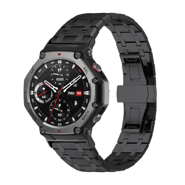 Black titanium alloy watch band with butterfly clasp, shown on a rugged smartwatch.