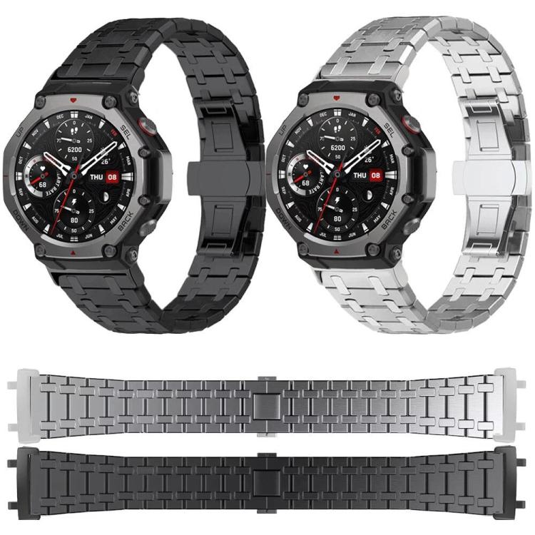 Black and silver titanium alloy watch bands with linked straps and butterfly clasps.