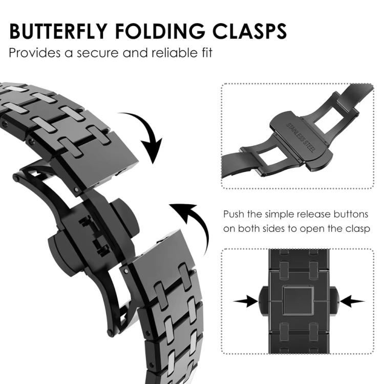 Black titanium alloy watch band with folding butterfly clasp and release buttons.