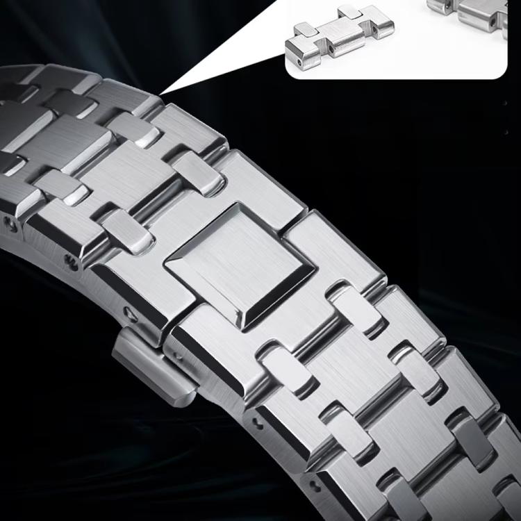Close-up of a silver titanium alloy watch band clasp and interlocking links.