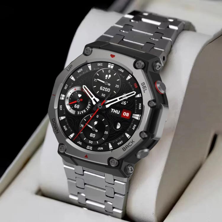 Silver titanium alloy watch band attached to a rugged smartwatch.