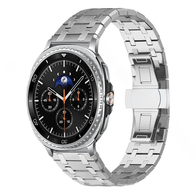 Silver titanium alloy watch band fitted to a smartwatch, front view
