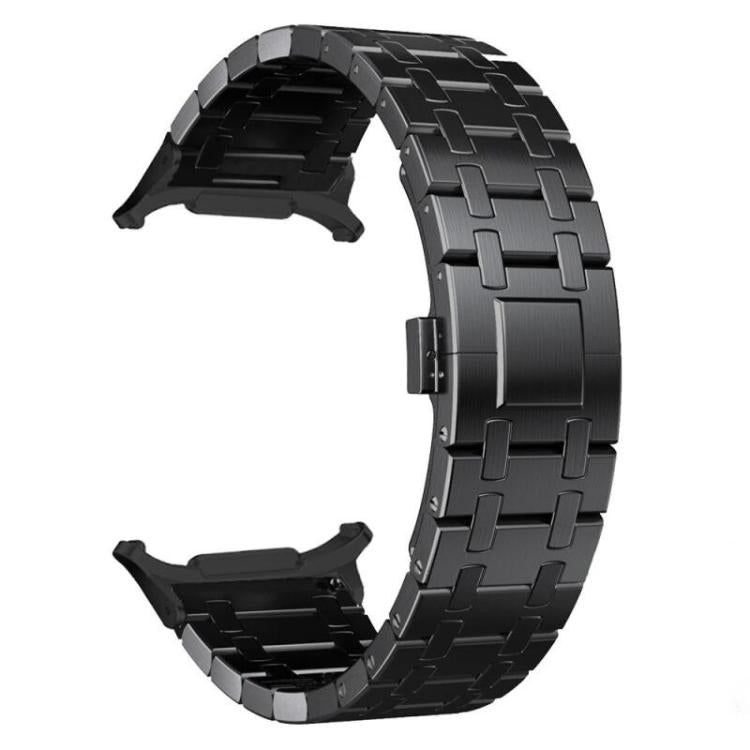 Black titanium alloy watch band with linked metal segments and butterfly clasp