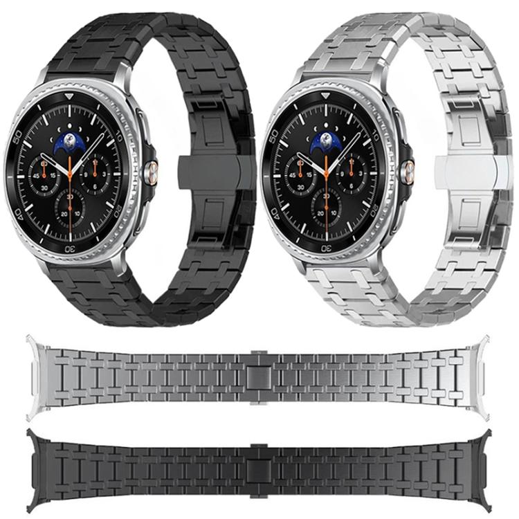 Black and silver linked watch bands shown fitted to smartwatches and laid flat