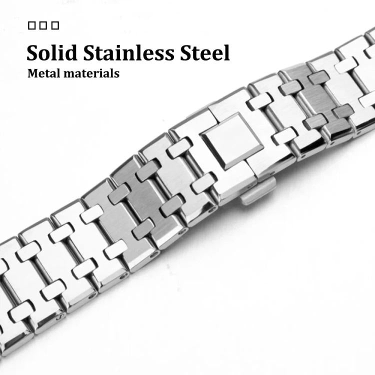 Close-up of silver linked metal watch band and clasp