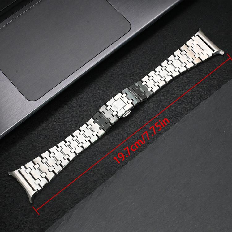Silver titanium alloy watch band laid flat, with 19.7 cm length marked