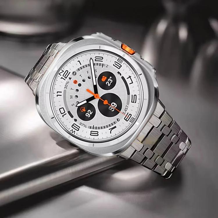 Silver titanium alloy watch band with a multi-link design, shown attached to a round smartwatch