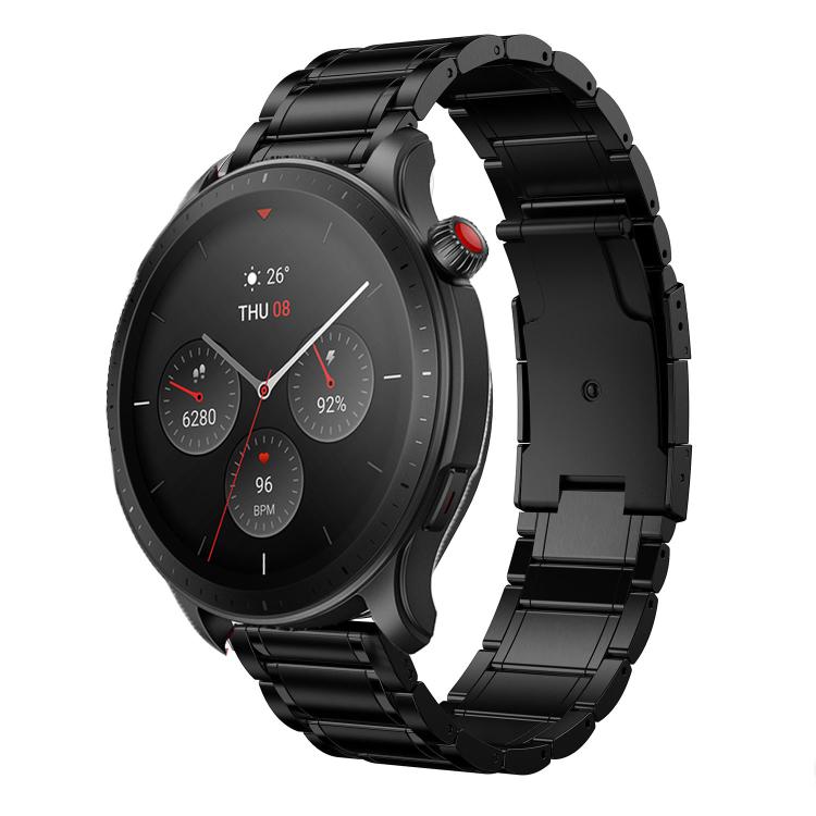 Black five-bead titanium-alloy watch band fitted to a round smartwatch
