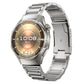 Silver five-bead titanium-alloy watch band fitted to a round smartwatch