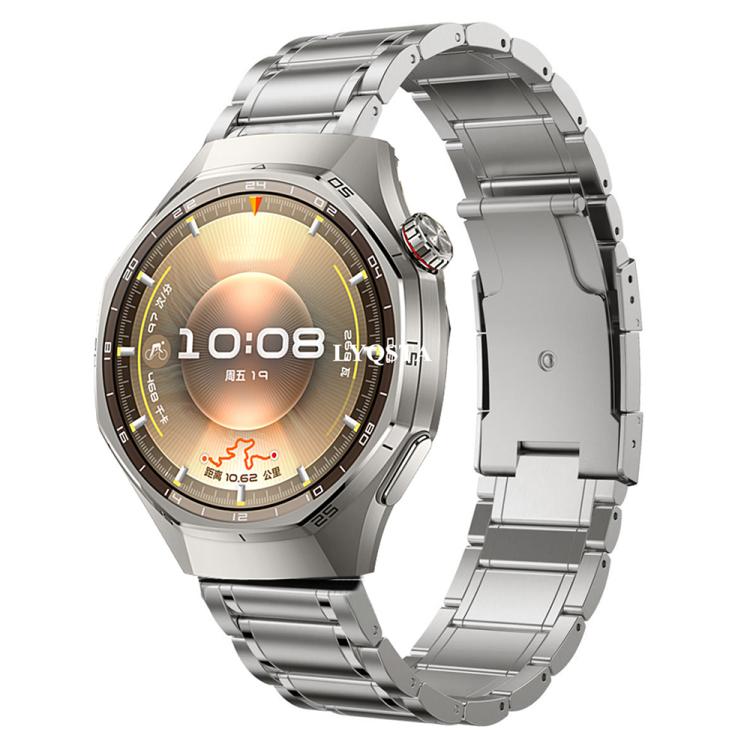 Silver five-bead titanium-alloy watch band fitted to a round smartwatch
