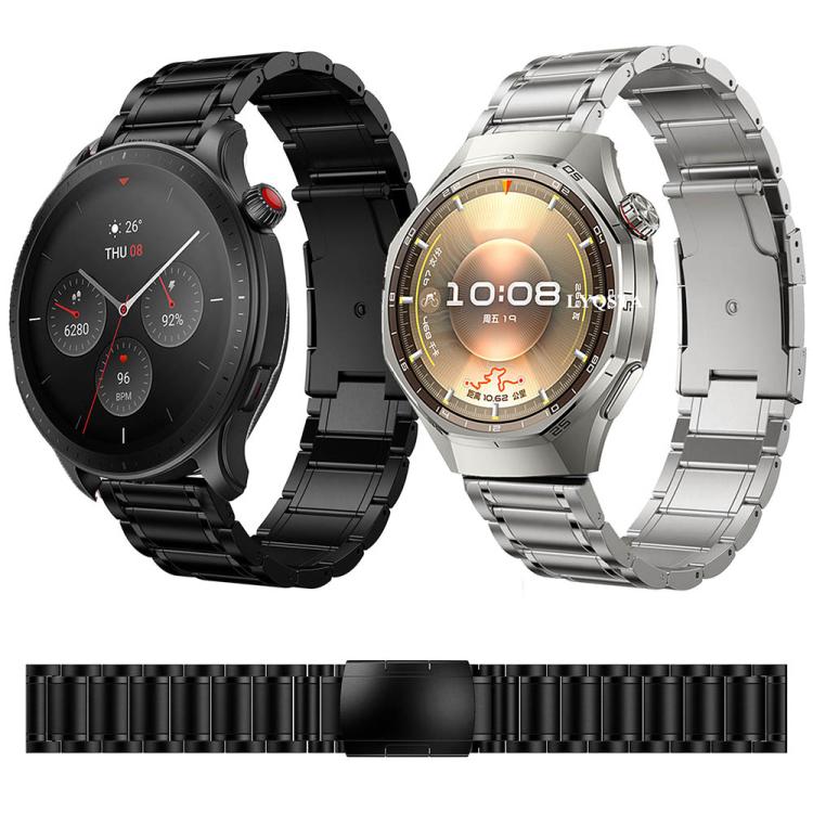 Black and silver five-bead watch bands shown on smartwatches, with black band laid flat