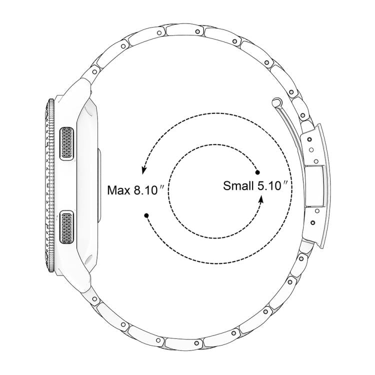 Silver watch band sizing diagram showing a 5.10 to 8.10 inch fit range