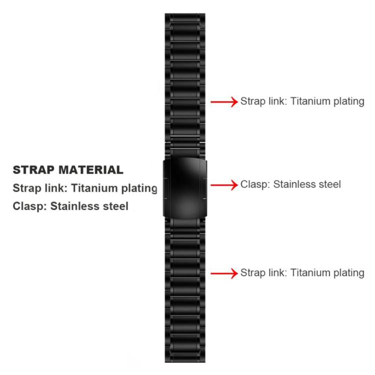 Black watch band diagram identifying titanium-plated links and a stainless steel clasp