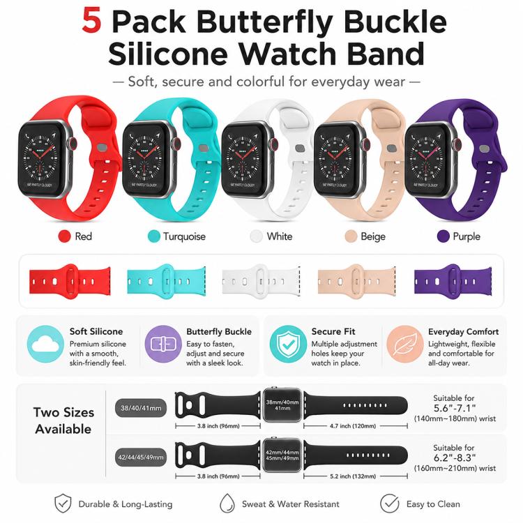 Five colorful silicone watch bands with butterfly buckles, shown with size and fit details.