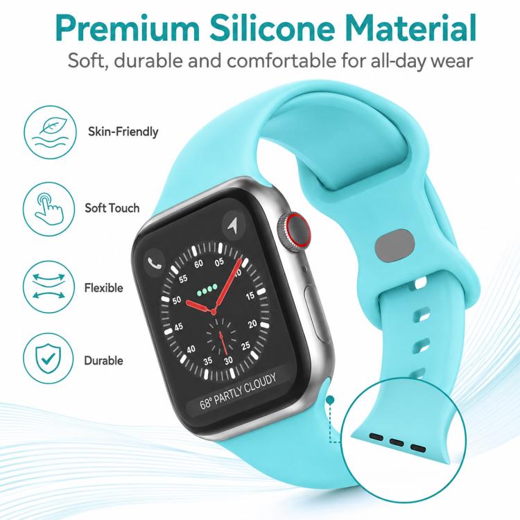 Turquoise silicone Apple Watch band with a butterfly buckle and adjustable holes.